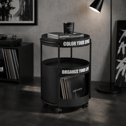 Black Metal Rolling Nightstand – Round Bedside Table with Wheels & Storage Shelf