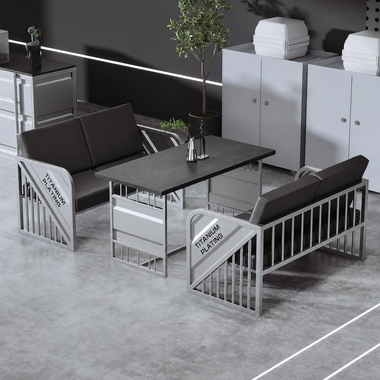 Custom Industrial Iron Sofa Set with Table for Cafe Lounge