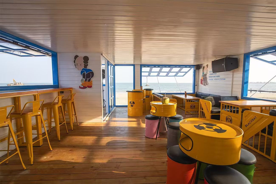 Custom Beachside Bar Furniture Project | Yellow Industrial Oil Drum Furniture Case Study
