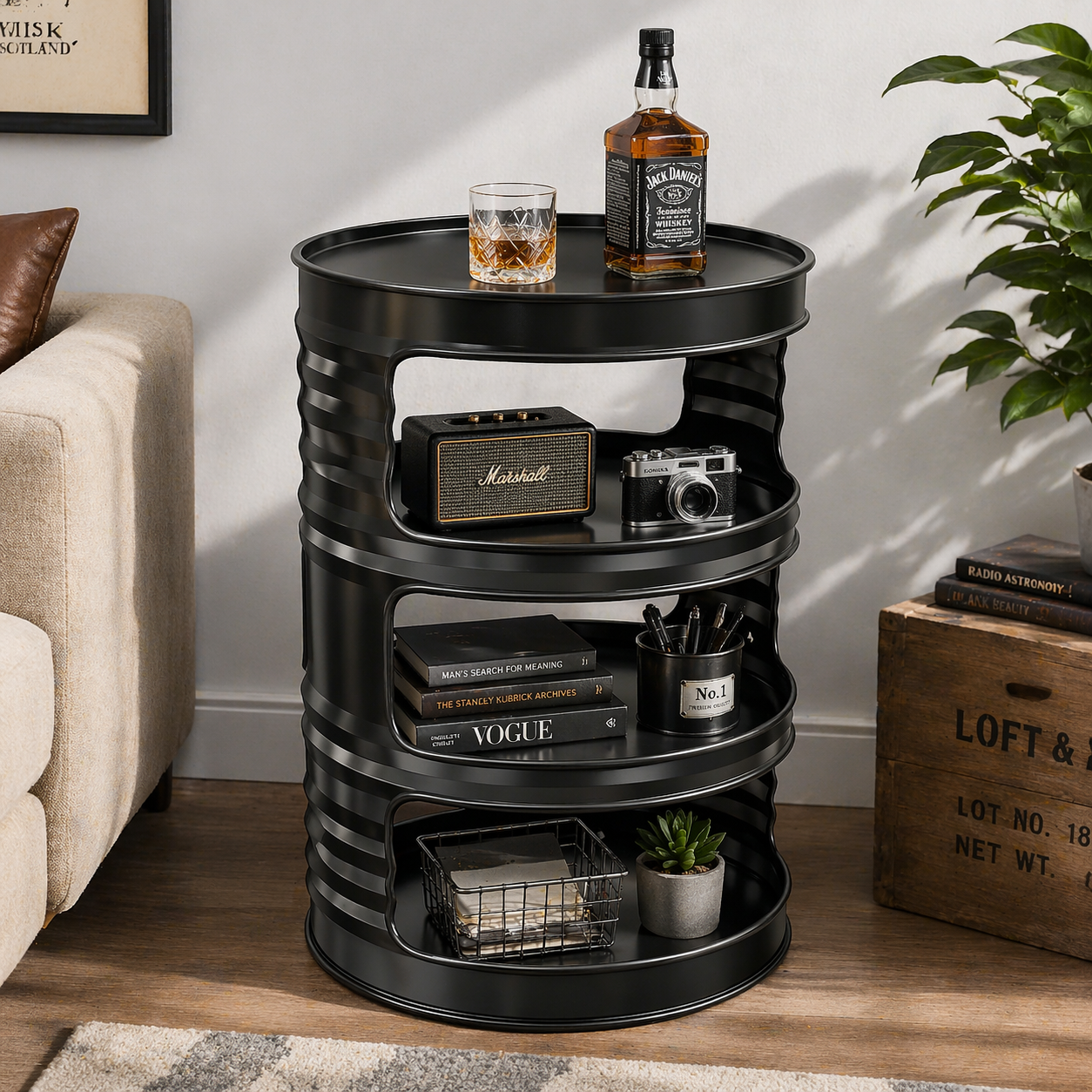 Custom Industrial Oil Drum Side Table for Bar Cafe Lounge