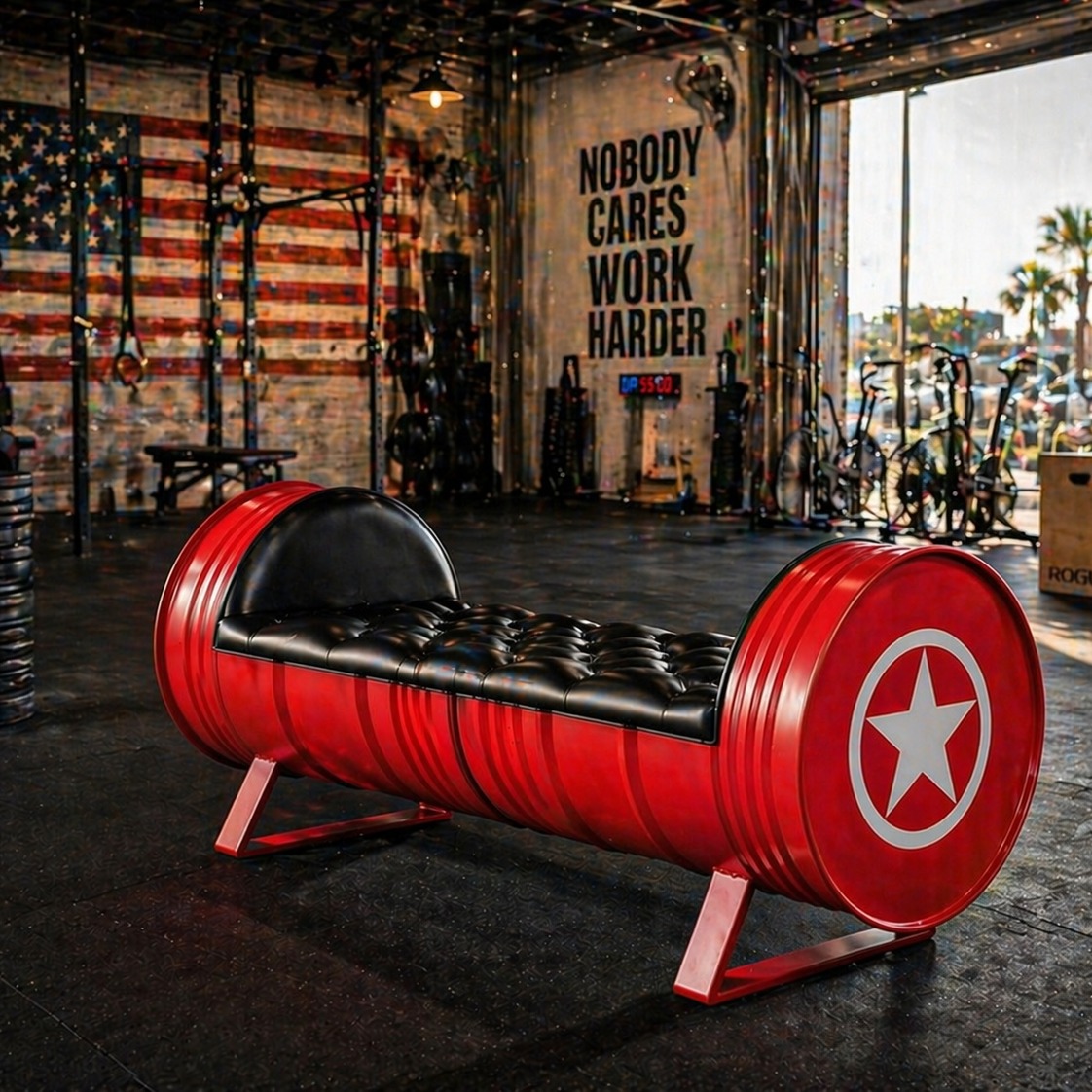 Custom Industrial Oil Drum Bench for Commercial Waiting Areas