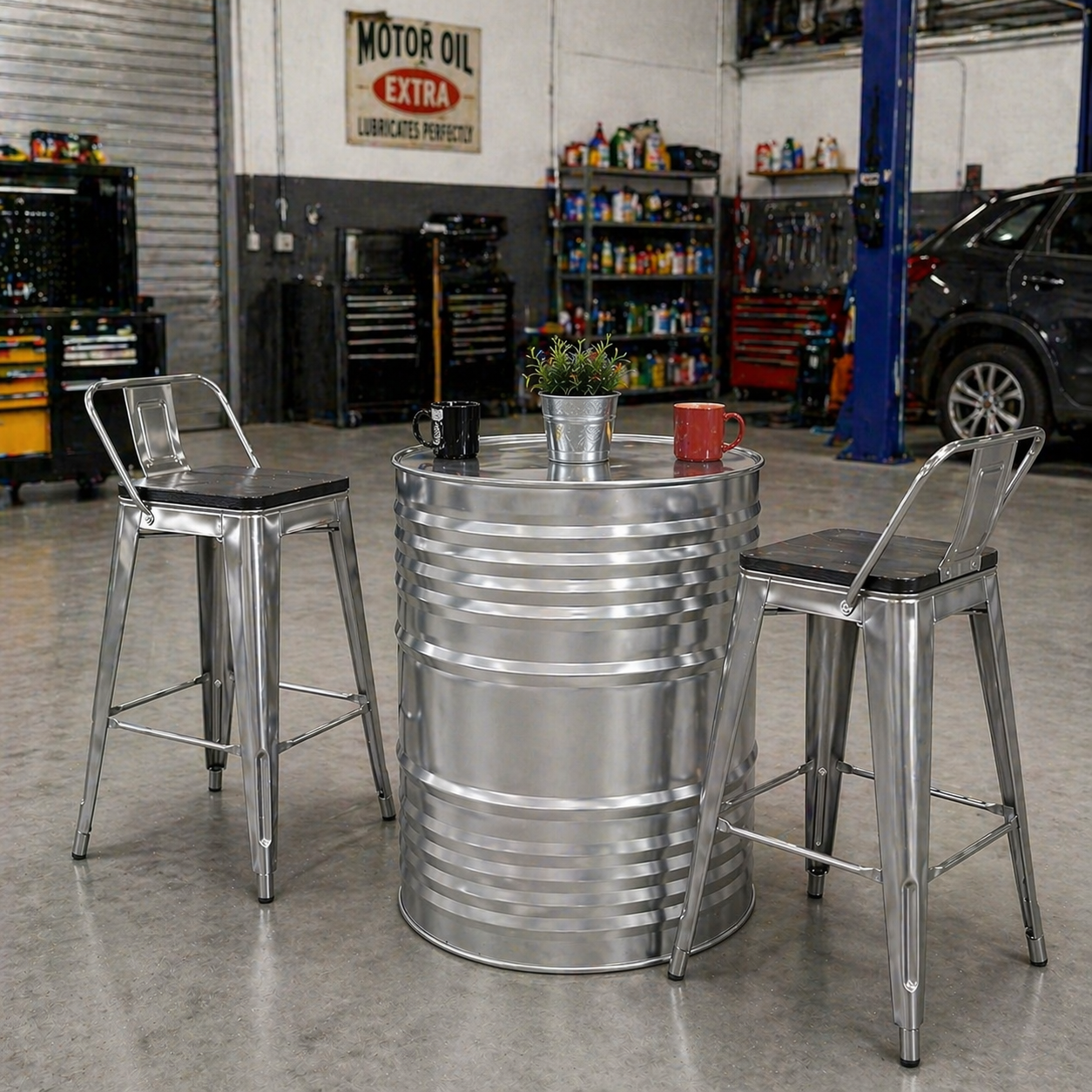 Complete Industrial Oil Drum Table Set with Stools for Bar Cafe