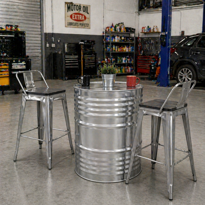Complete Industrial Oil Drum Table Set with Stools for Bar Cafe