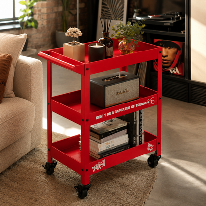 Red Metal Rolling Bar Cart – 3-Tier Industrial Storage Cart for Coffee Bar, Living Room & Home Office