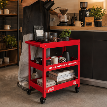 Red Metal Rolling Bar Cart – 3-Tier Industrial Storage Cart for Coffee Bar, Living Room & Home Office