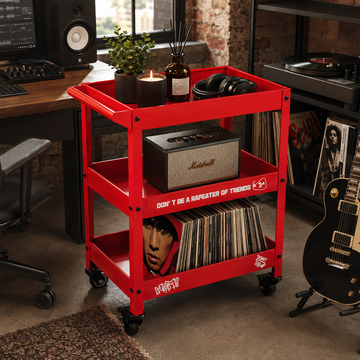 Red Metal Rolling Bar Cart – 3-Tier Industrial Storage Cart for Coffee Bar, Living Room & Home Office