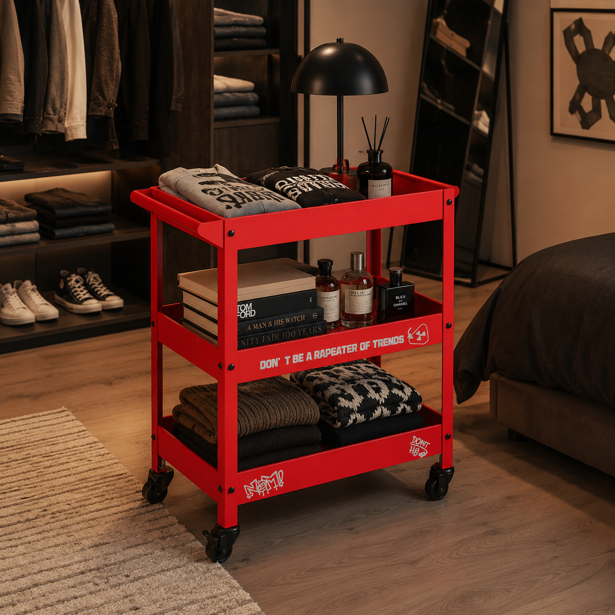 Red Metal Rolling Bar Cart – 3-Tier Industrial Storage Cart for Coffee Bar, Living Room & Home Office