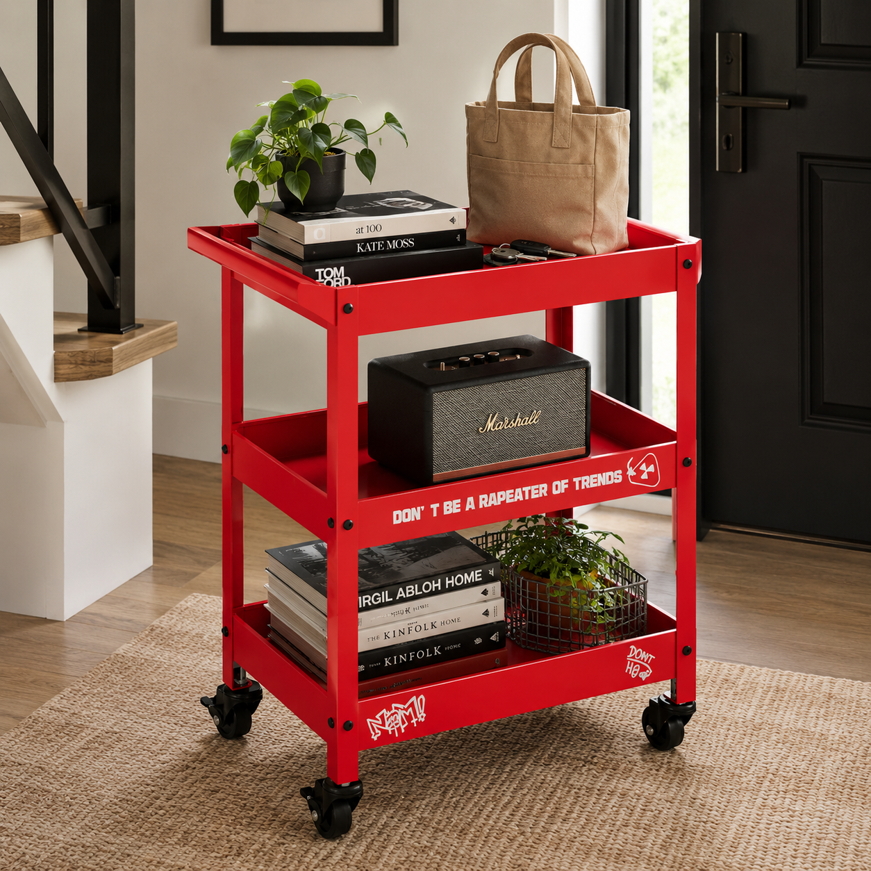 Red Metal Rolling Bar Cart – 3-Tier Industrial Storage Cart for Coffee Bar, Living Room & Home Office