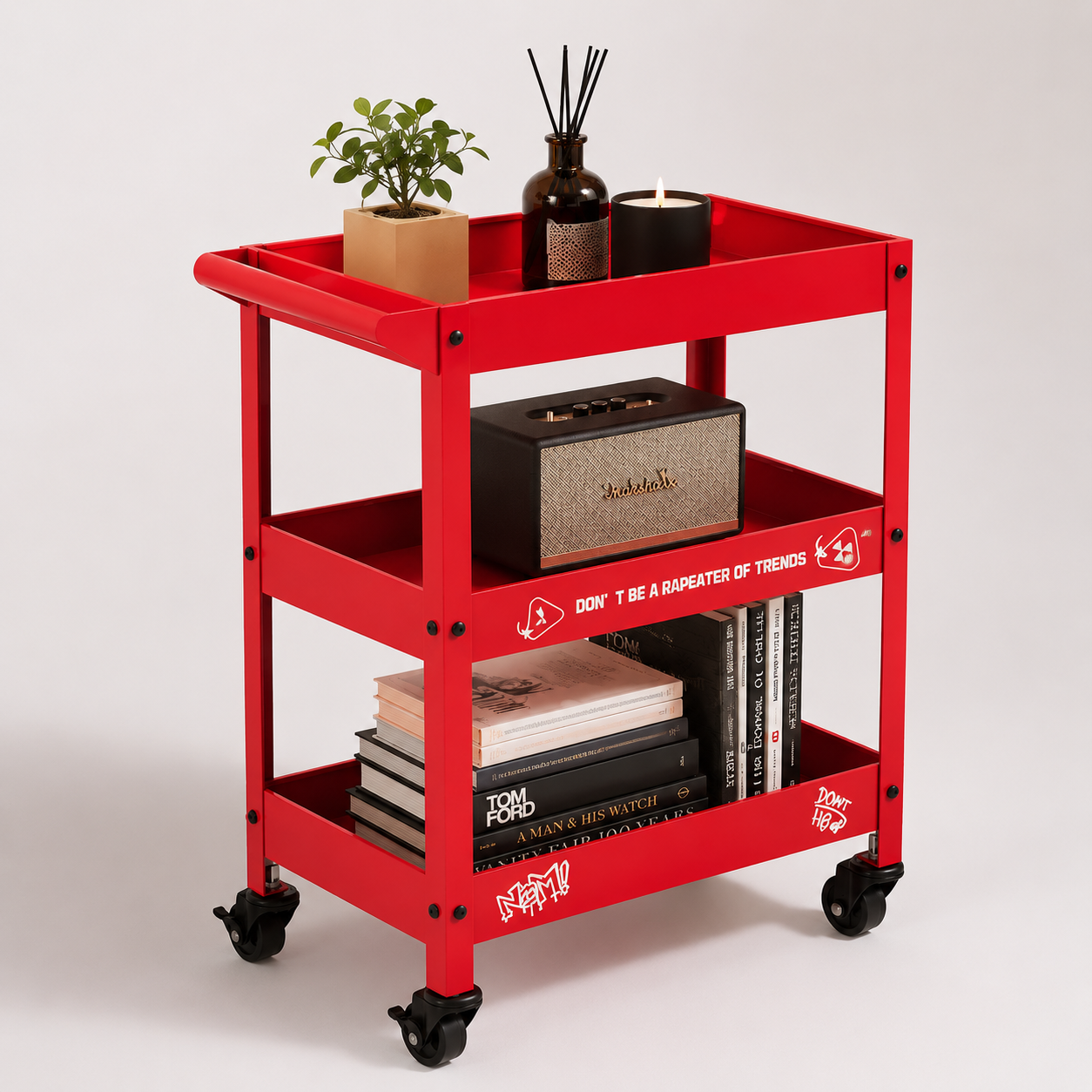 Red Metal Rolling Bar Cart – 3-Tier Industrial Storage Cart for Coffee Bar, Living Room & Home Office