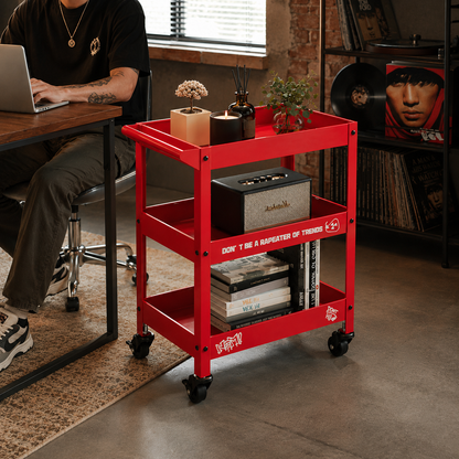 Red Metal Rolling Bar Cart – 3-Tier Industrial Storage Cart for Coffee Bar, Living Room & Home Office