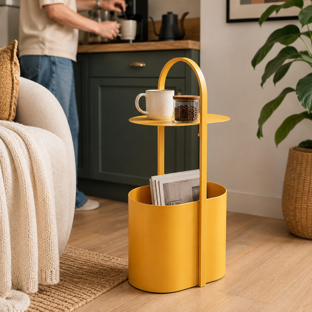 Yellow Metal Side Table with Storage – Modern Art Accent Table for Living Room, Bedroom & Entryway