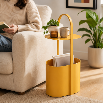 Yellow Metal Side Table with Storage – Modern Art Accent Table for Living Room, Bedroom & Entryway