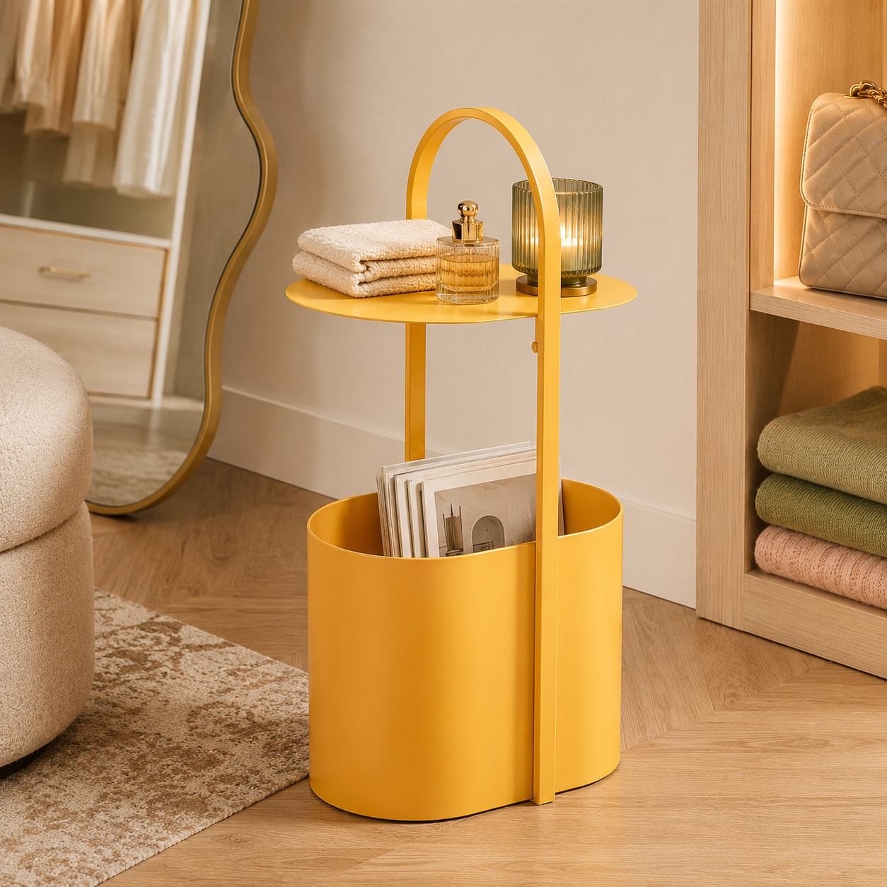 Yellow Metal Side Table with Storage – Modern Art Accent Table for Living Room, Bedroom & Entryway