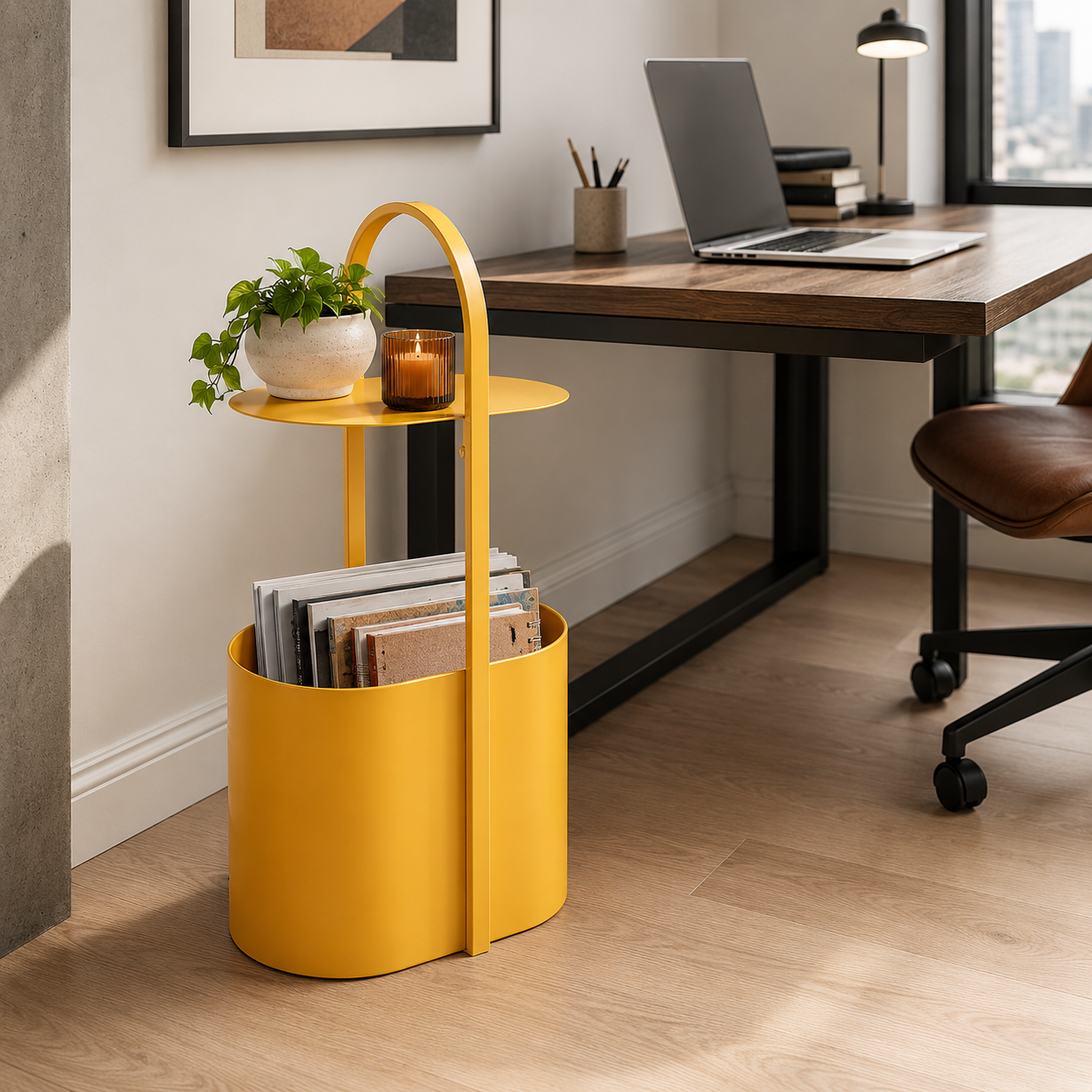 Yellow Metal Side Table with Storage – Modern Art Accent Table for Living Room, Bedroom & Entryway