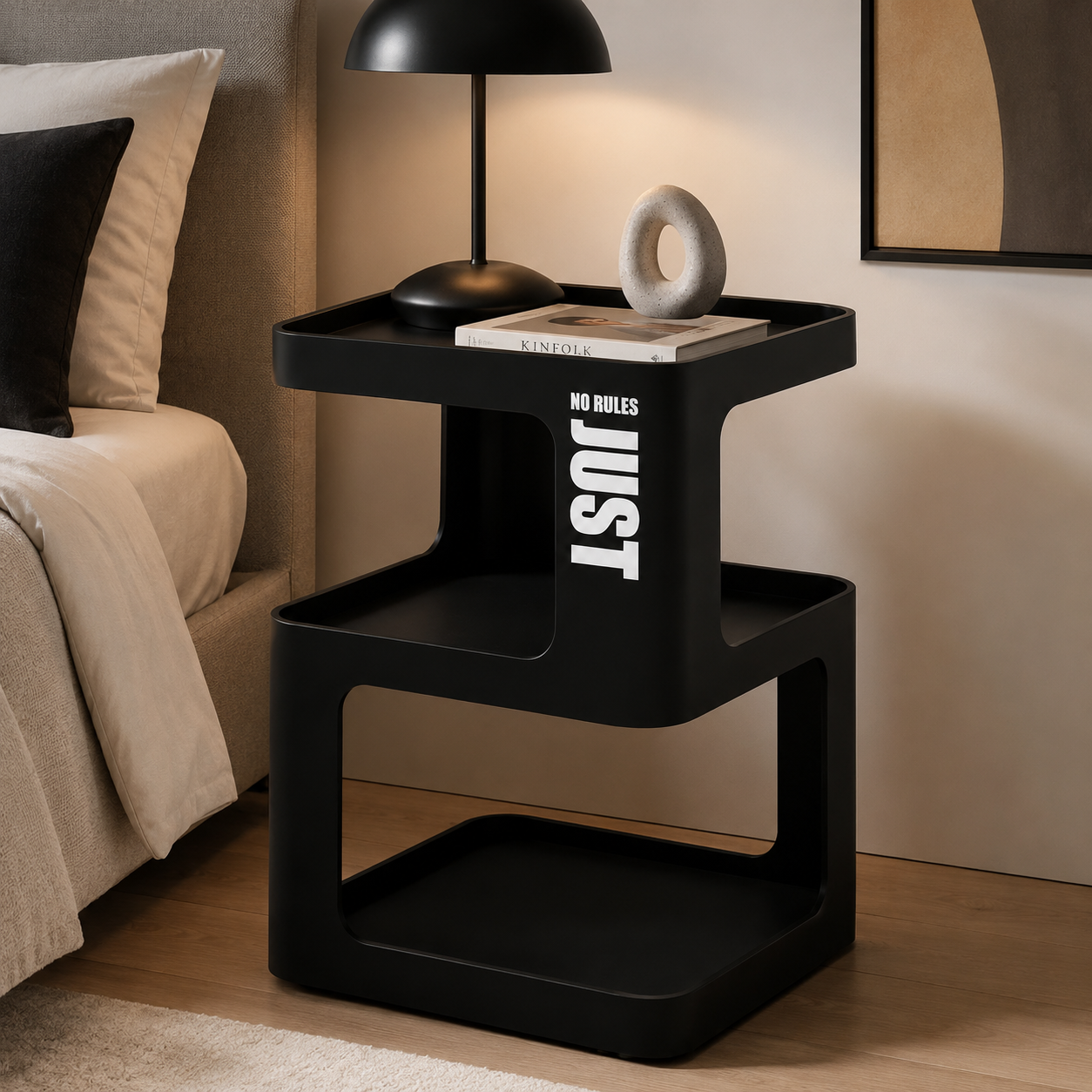 Black Metal Side Table with Storage – Modern 3-Tier Industrial Nightstand for Bedroom, Living Room & Home Office
