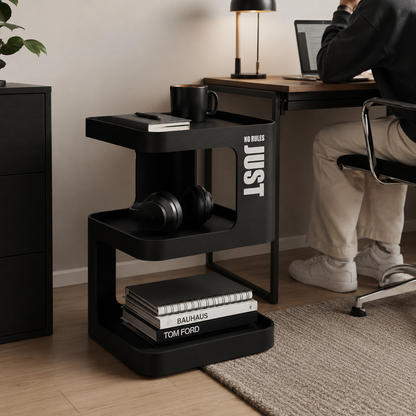 Black Metal Side Table with Storage – Modern 3-Tier Industrial Nightstand for Bedroom, Living Room & Home Office