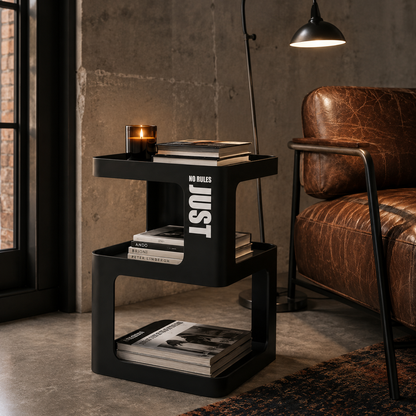 Black Metal Side Table with Storage – Modern 3-Tier Industrial Nightstand for Bedroom, Living Room & Home Office