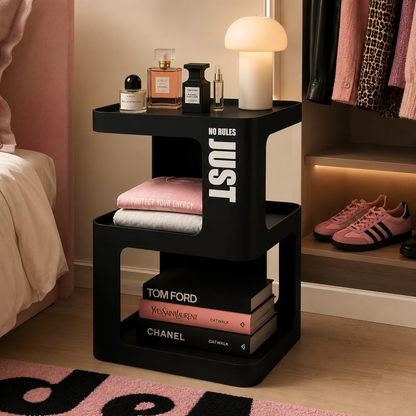 Black Metal Side Table with Storage – Modern 3-Tier Industrial Nightstand for Bedroom, Living Room & Home Office
