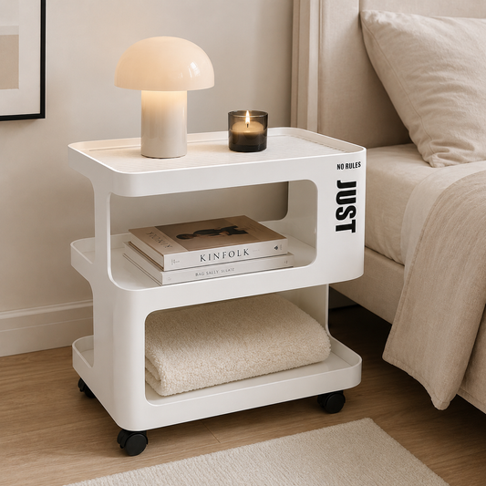 White Metal Rolling Side Table – 3-Tier Storage Cart for Bedroom, Living Room & Home Office