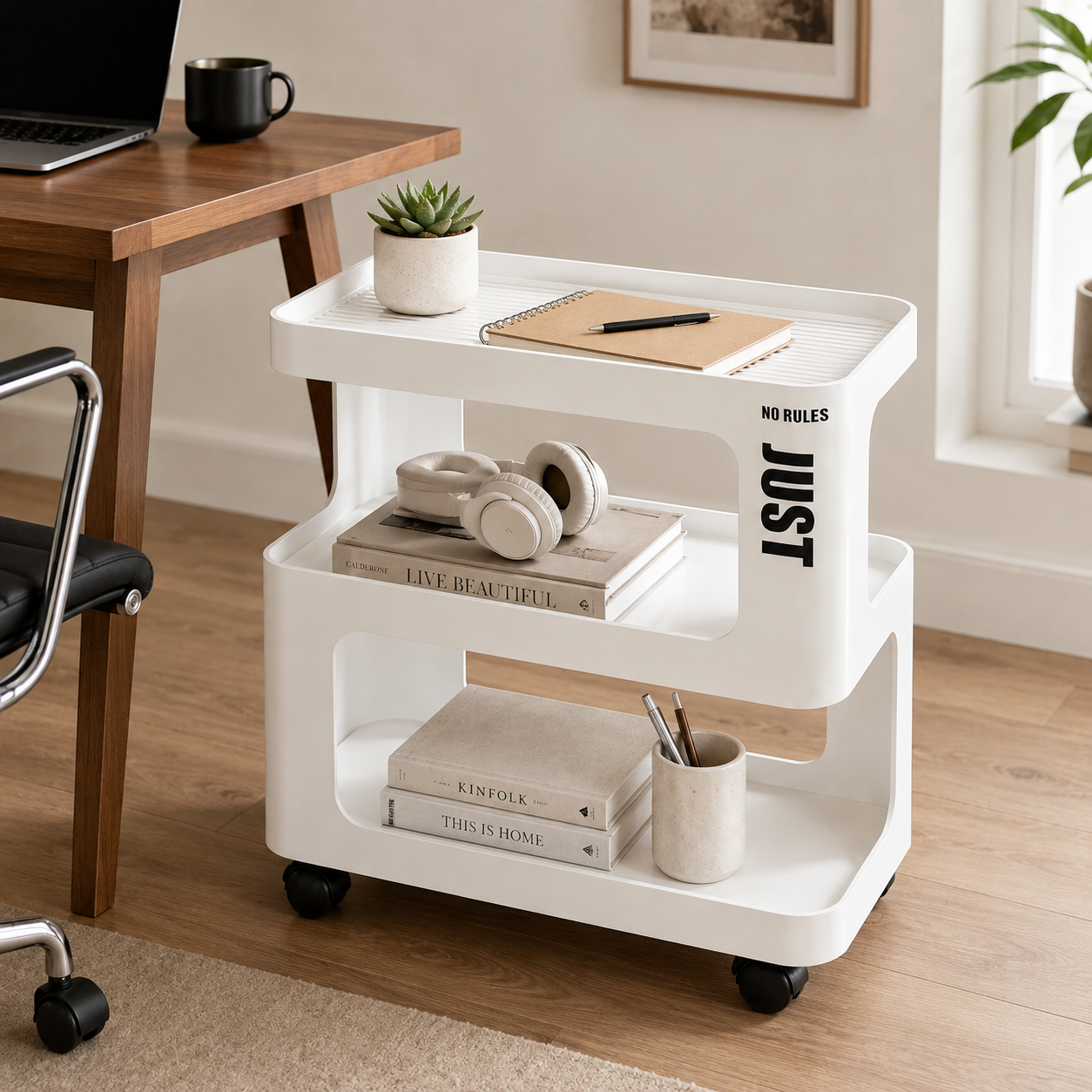 White Metal Rolling Side Table – 3-Tier Storage Cart for Bedroom, Living Room & Home Office