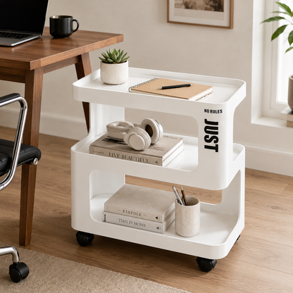 White Metal Rolling Side Table – 3-Tier Storage Cart for Bedroom, Living Room & Home Office