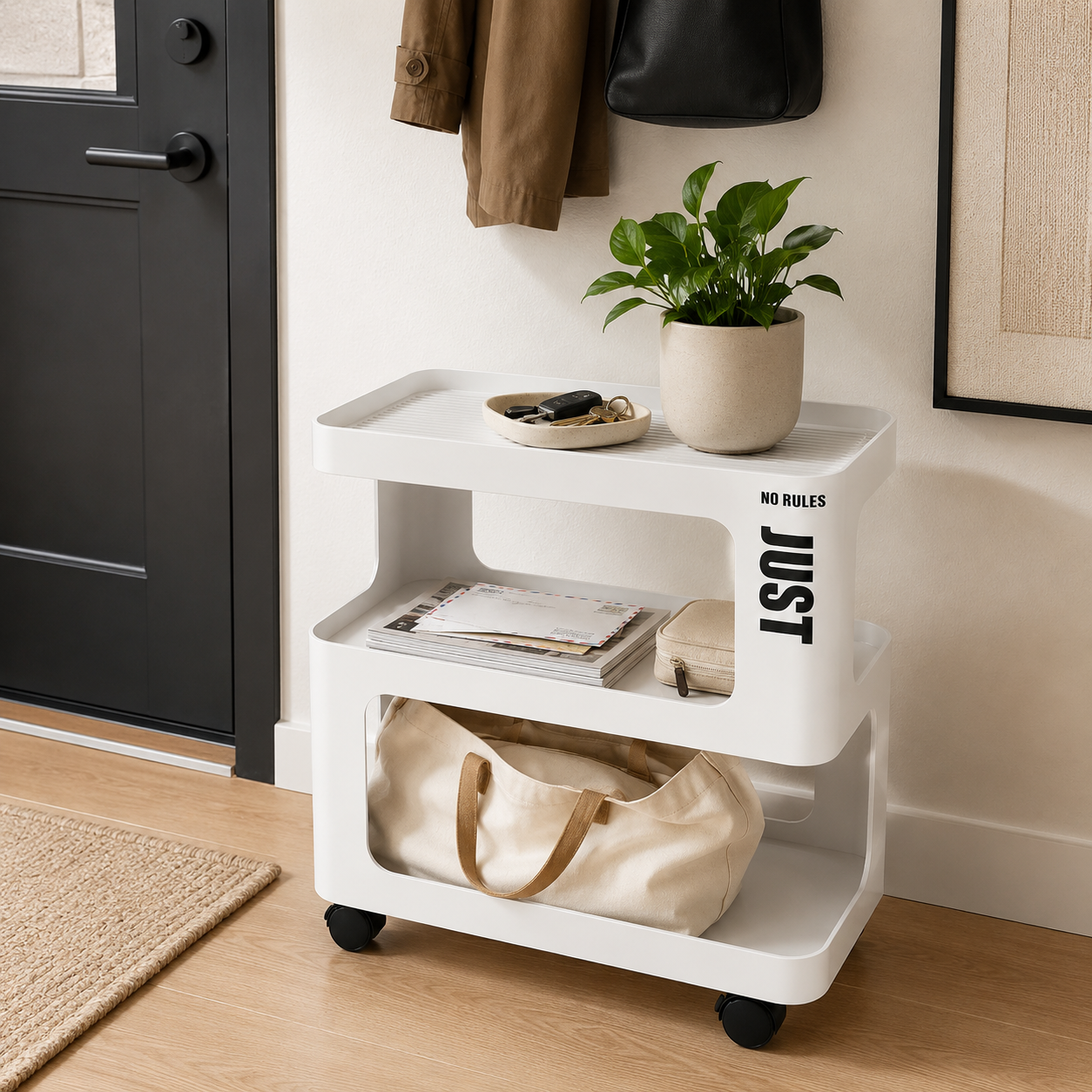 White Metal Rolling Side Table – 3-Tier Storage Cart for Bedroom, Living Room & Home Office
