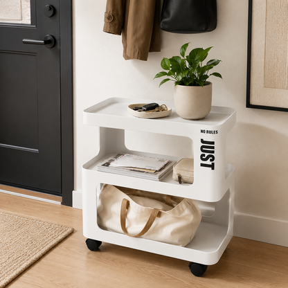 White Metal Rolling Side Table – 3-Tier Storage Cart for Bedroom, Living Room & Home Office