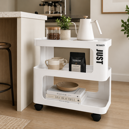 White Metal Rolling Side Table – 3-Tier Storage Cart for Bedroom, Living Room & Home Office