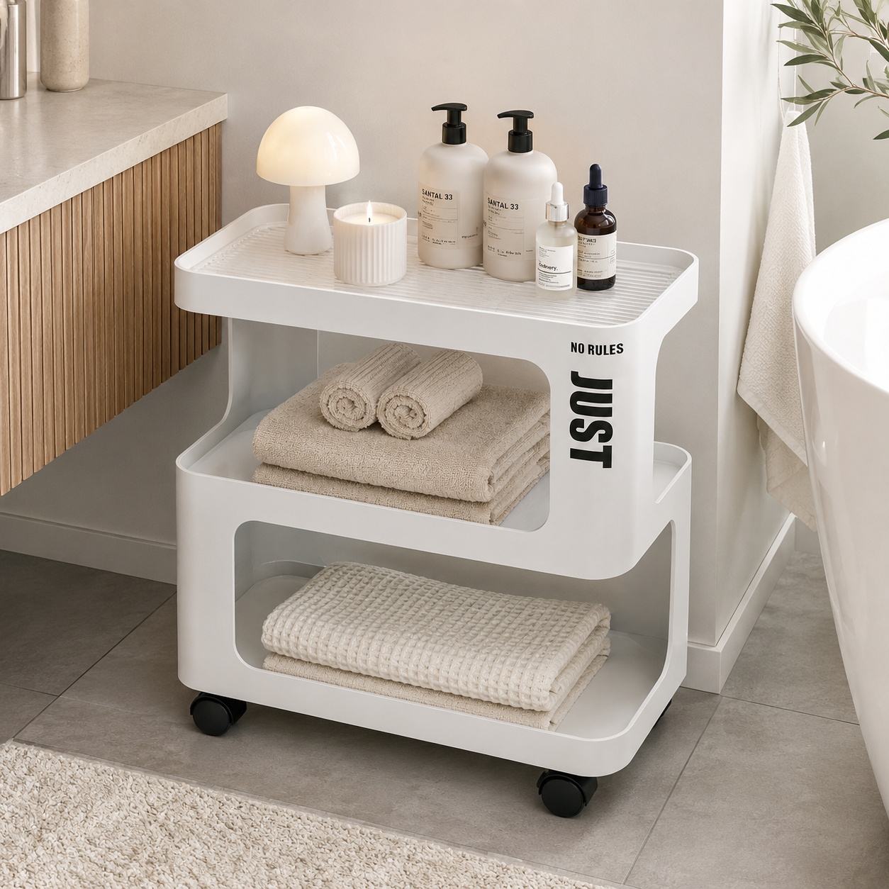White Metal Rolling Side Table – 3-Tier Storage Cart for Bedroom, Living Room & Home Office