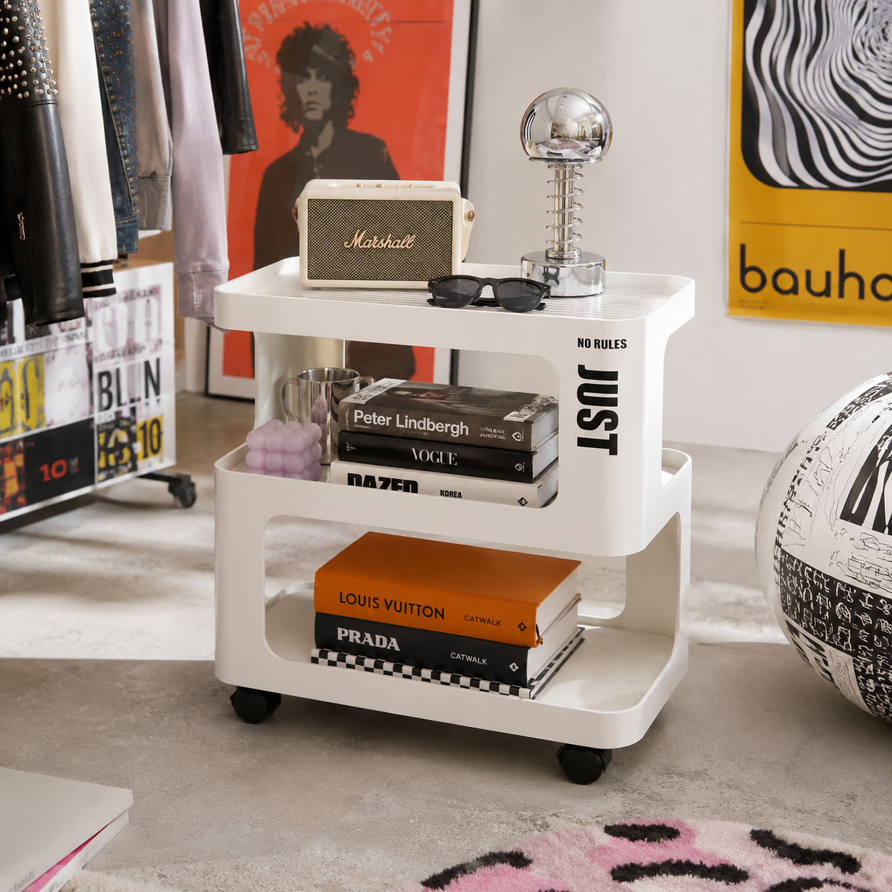 White Metal Rolling Side Table – 3-Tier Storage Cart for Bedroom, Living Room & Home Office