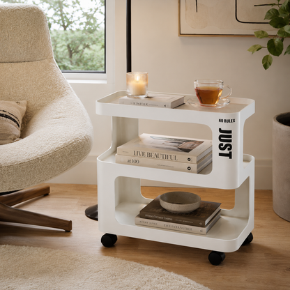 White Metal Rolling Side Table – 3-Tier Storage Cart for Bedroom, Living Room & Home Office