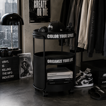 Black Metal Rolling Nightstand – Round Bedside Table with Wheels & Storage Shelf