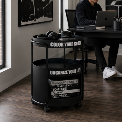 Black Metal Rolling Nightstand – Round Bedside Table with Wheels & Storage Shelf