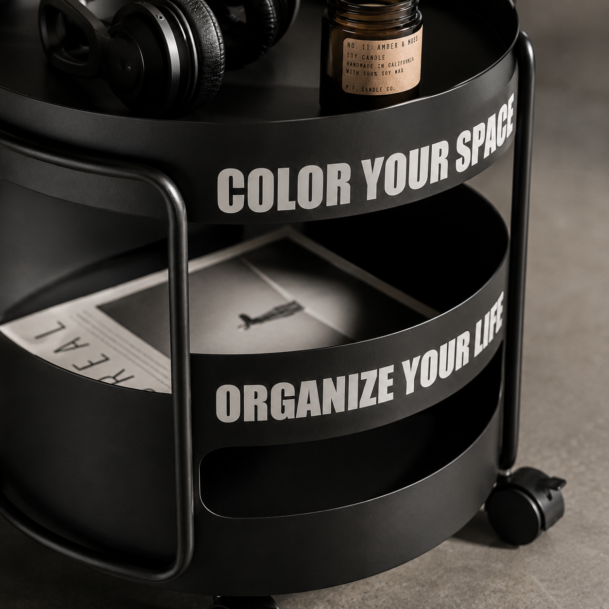 Black Metal Rolling Nightstand – Round Bedside Table with Wheels & Storage Shelf
