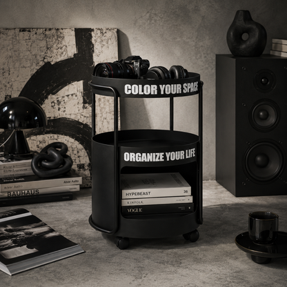 Black Metal Rolling Nightstand – Round Bedside Table with Wheels & Storage Shelf