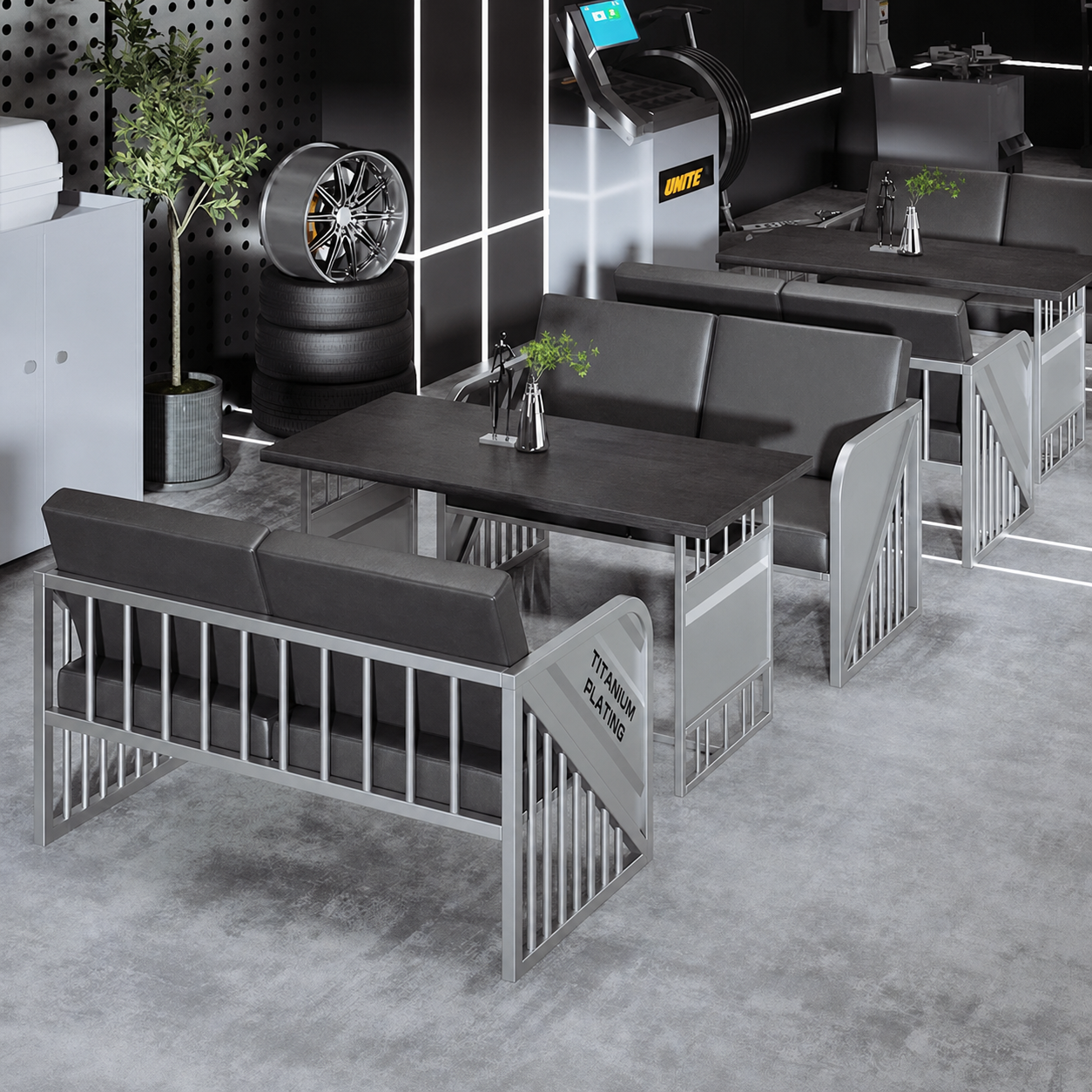 Custom Industrial Iron Sofa Set with Table for Cafe Lounge