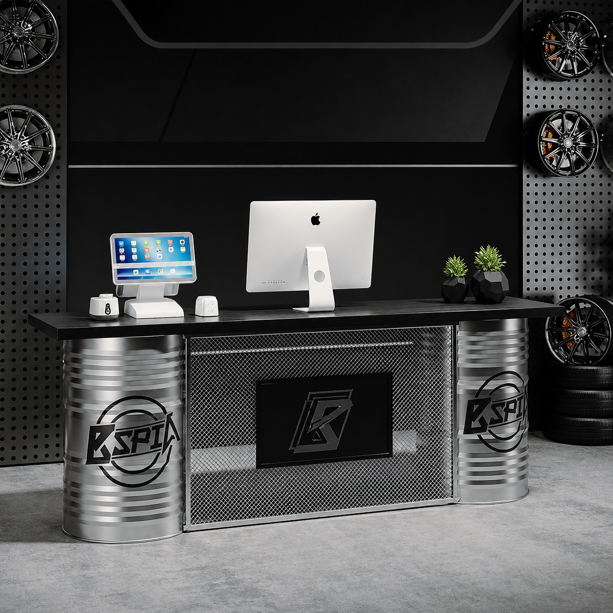 Custom Industrial Oil Drum Reception Desk for Retail Store