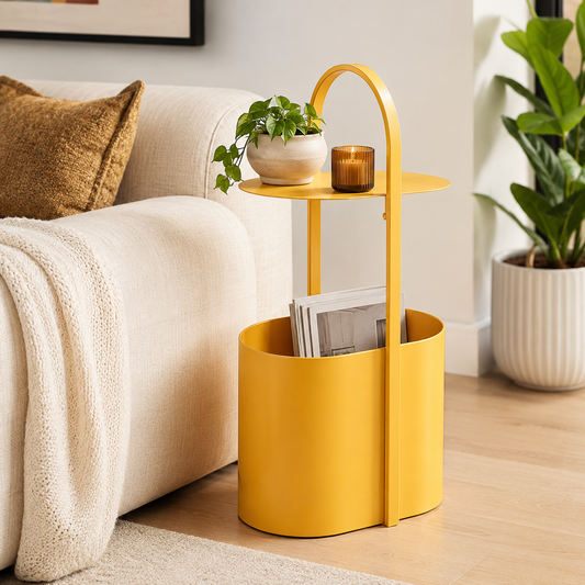 Colorful galvanized metal side table with baked paint finish for modern home decor and creative interior design