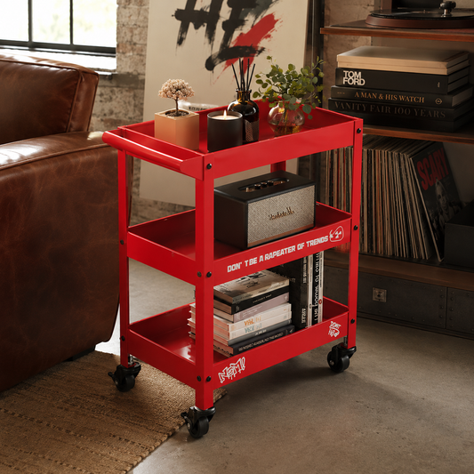 Colorful galvanized metal side table with baked paint finish for modern home decor and creative interior design