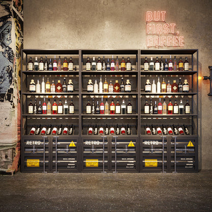 Commercial container wine display shelf system and iron liquor rack for bar liquor store wine shop restaurant tasting room and retail beverage display