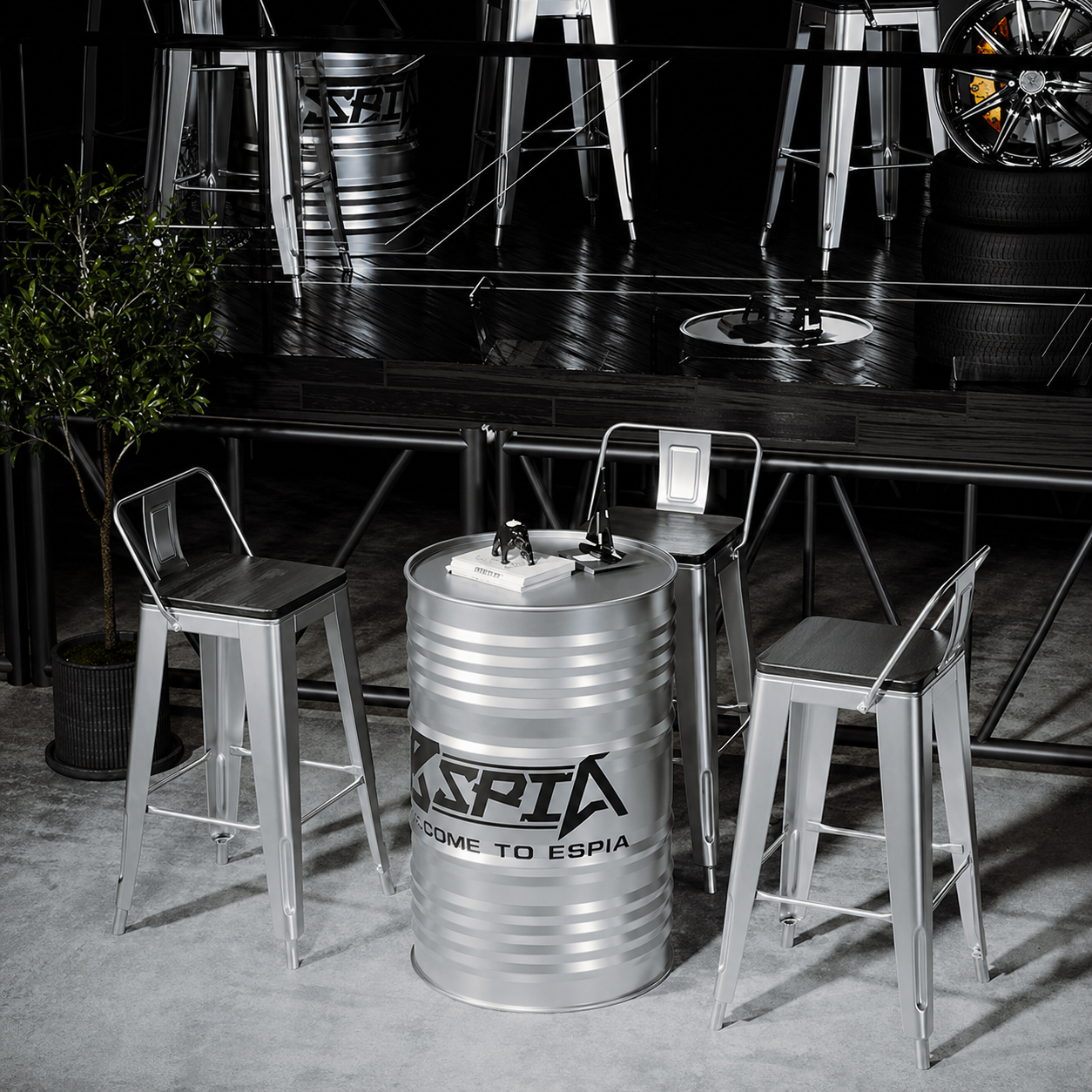 Complete industrial oil drum table set with stools for bar cafe brewery pub restaurant and commercial furniture project