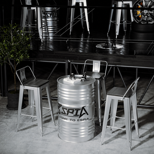 Complete industrial oil drum table set with stools for bar cafe brewery pub restaurant and commercial furniture project