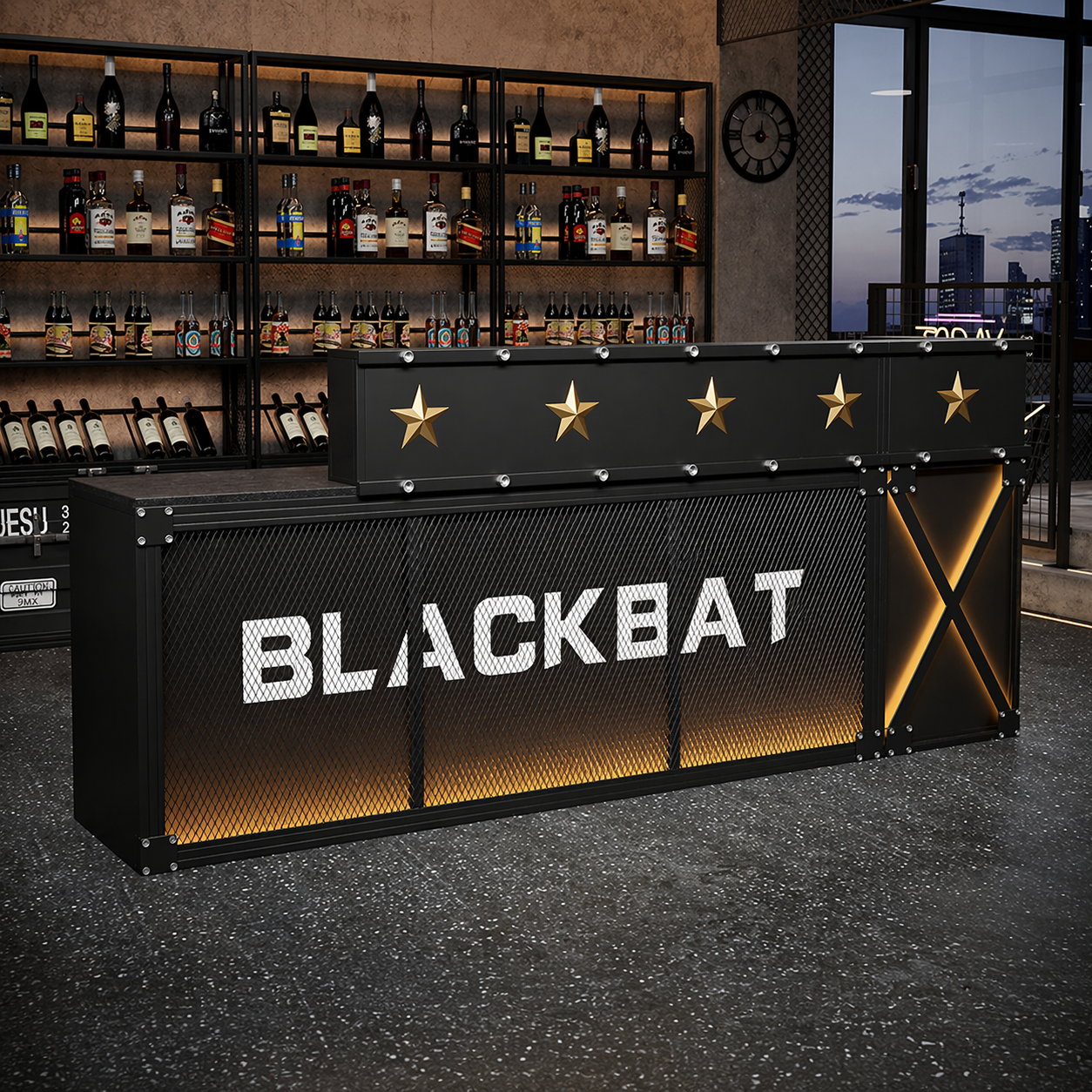 Custom industrial LED bar counter and illuminated iron bar desk for nightclub bar lounge brewery restaurant and commercial hospitality project