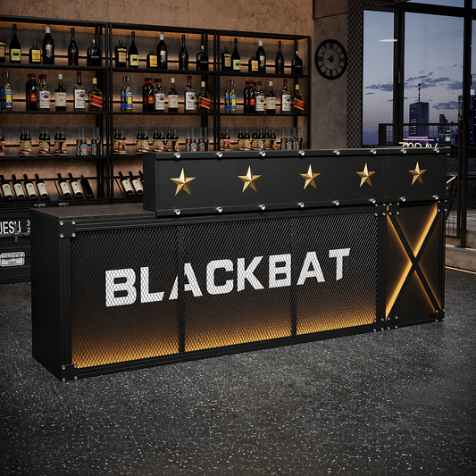 Custom industrial LED bar counter and illuminated iron bar desk for nightclub bar lounge brewery restaurant and commercial hospitality project