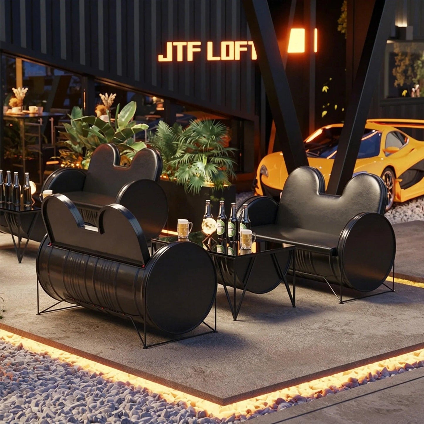 Custom industrial barrel lounge sofa with logo and color options for bar cafe lounge tattoo shop and commercial waiting area