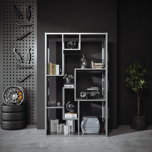 Custom industrial container storage cabinet and corrugated iron display unit for retail store garage bar cafe and commercial space