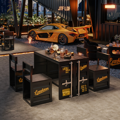 Custom industrial container table and chair set with corrugated metal design for cafe restaurant bistro brewery patio and commercial dining space
