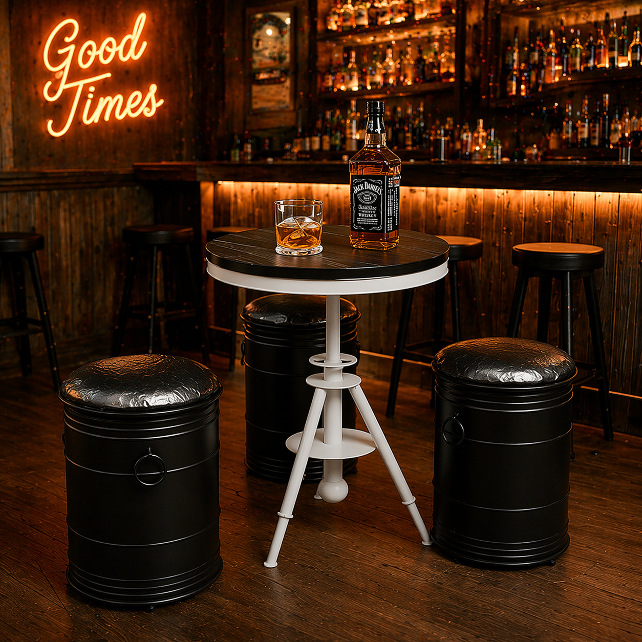 Custom industrial oil drum bar table set with storage and stools for bar cafe brewery pub and commercial furniture project