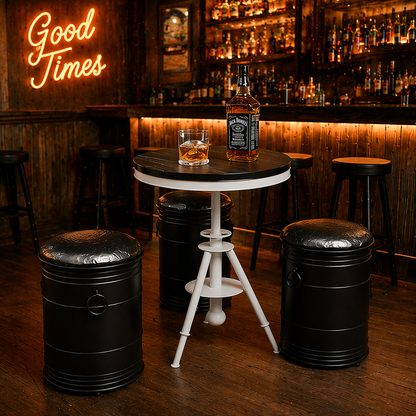 Custom industrial oil drum bar table set with storage and stools for bar cafe brewery pub and commercial furniture project