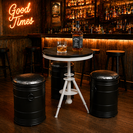 Custom industrial oil drum bar table set with storage and stools for bar cafe brewery pub and commercial furniture project